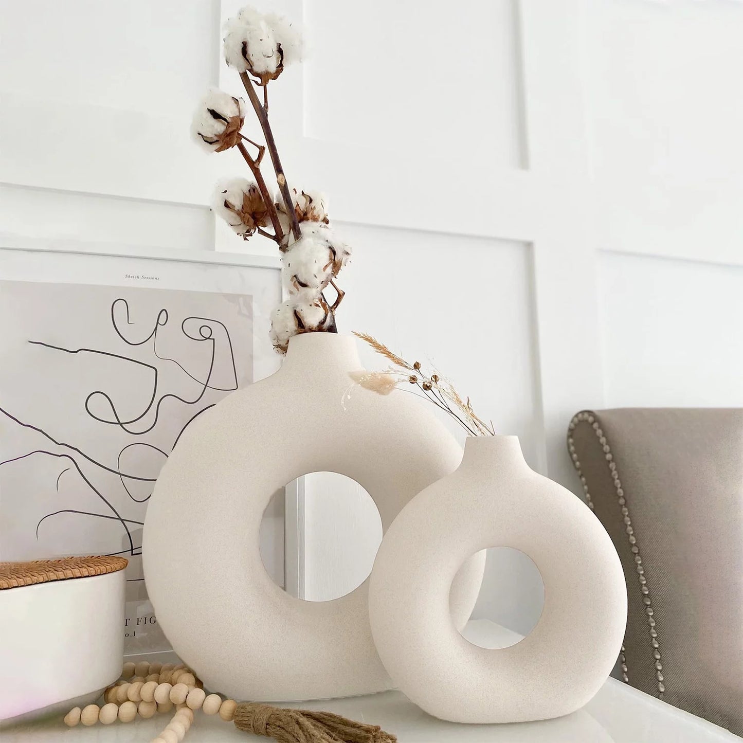 Ceramic Vases for Home Decor, Set of 2 Donut Vases, Modern Vase, White Vases